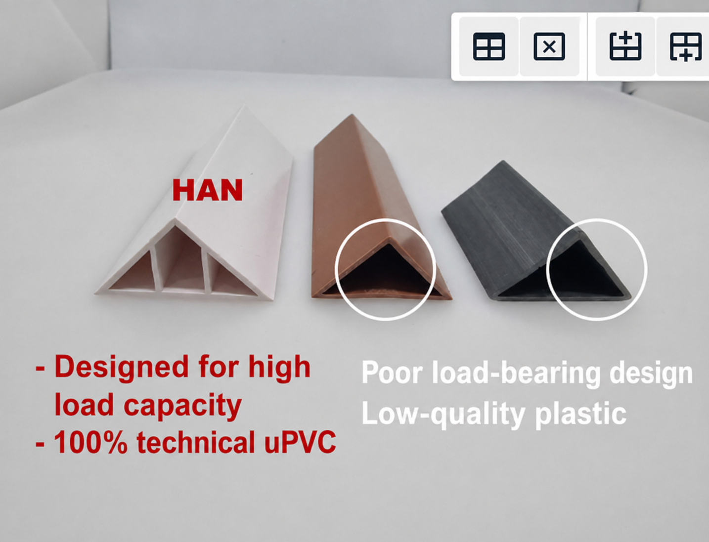 Ảnh so sánh nẹp vát góc uPVC của HAN và nẹp vát góc của các nhà cung cấp khác