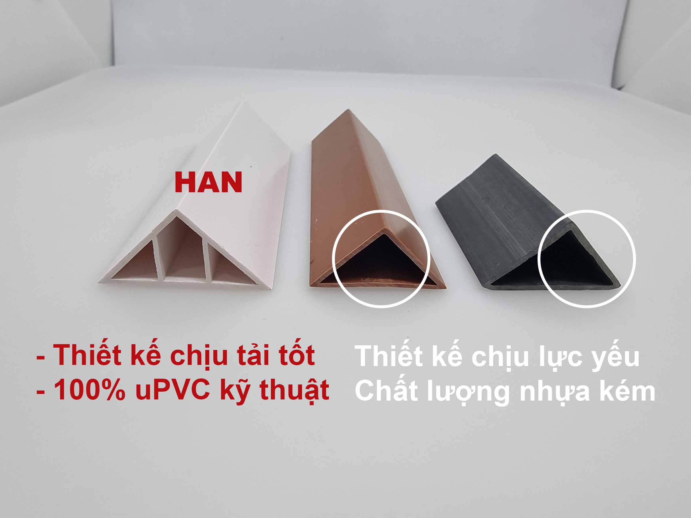 Ảnh so sánh nẹp vát góc uPVC của HAN và nẹp vát góc của các nhà cung cấp khác